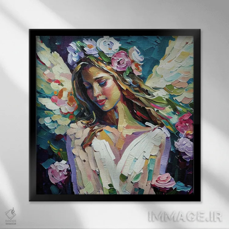 تابلو دکوراتیو فرشته اطمینان از اجابت دعاها اثر اولنا آرت - نمای قابدار مشکی