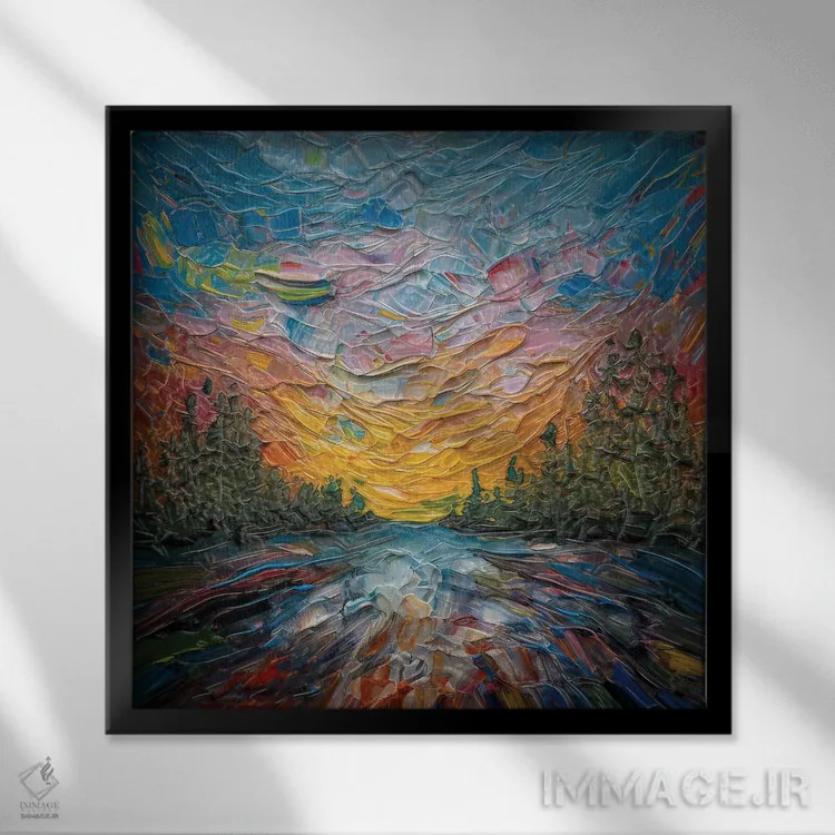 تابلو انتزاعی صحنه ای از جریان رود با سگ آبی به سبک ایمپاستو اثر اولنا آرت - نمای قابدار مشکی