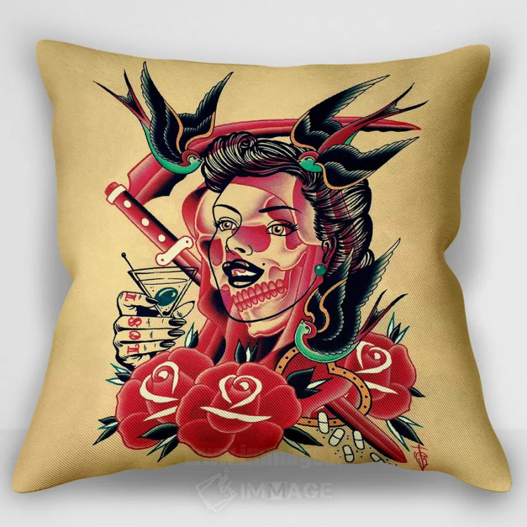 کاور کوسن طرحدار «اوجها»، با طرح پرترههای زنانه، با رنگهای غالب قرمز و زرد، اثر تایلر بردوگ