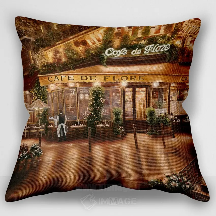 کاور کوسن «Café de Flore (کافه معروف پاریس)»، با رنگ‌های غالب نارنجی و قرمز، اثر بتسی براون