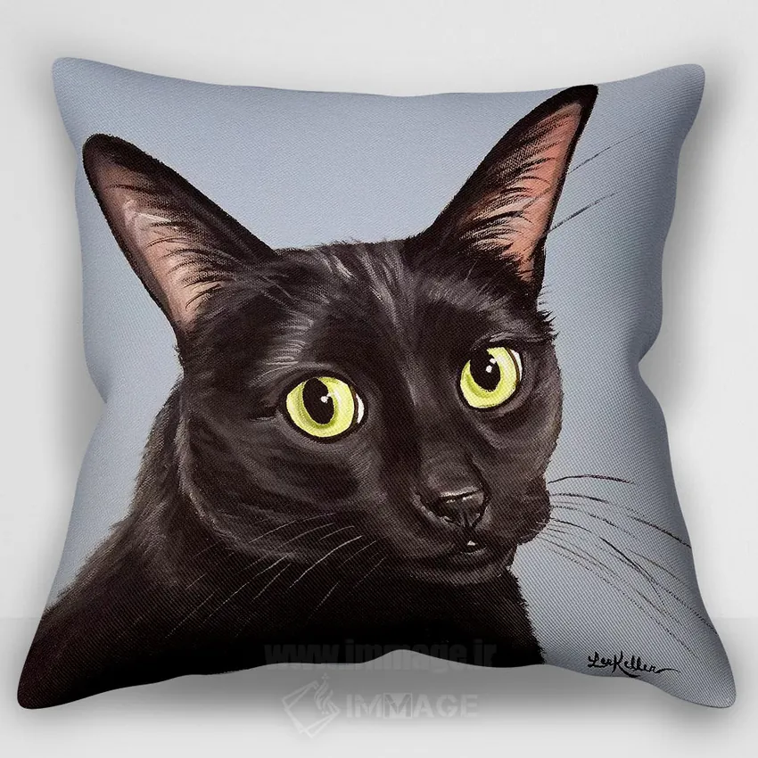 کاور کوسن طرح‌دار «گربه سیاه کلویی»، با رنگ‌های غالب صورتی و سفید، اثر هیپی هاوند استودیوز (استودیو هنری)
