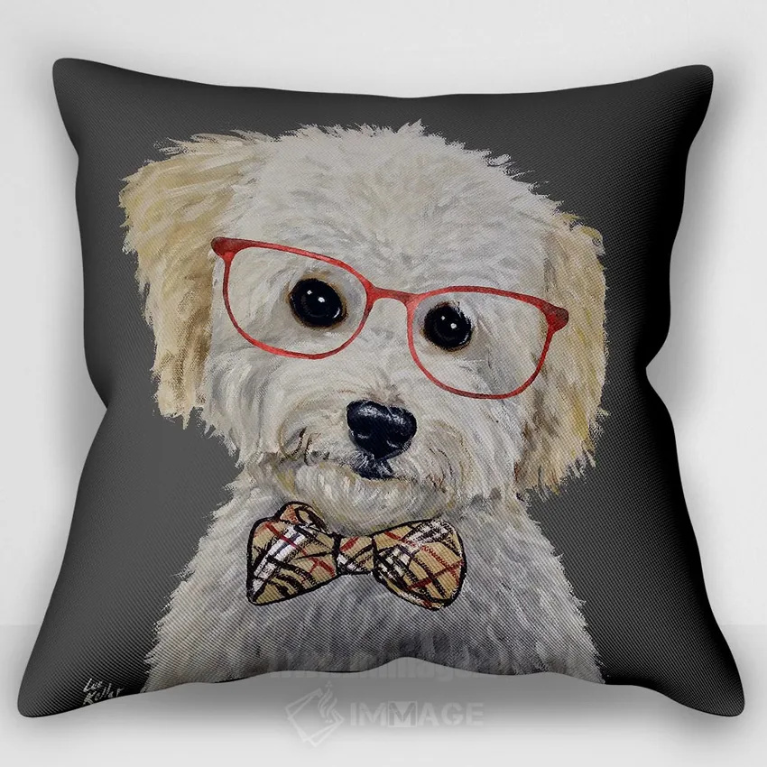 تصویر کاور کوسن «Mini Golden Doodle,مرد بیزینسی دودل، مینی گلدن دودل (سگ گلدن دودل کوچک)»، با طرح لوازم جانبی، با سبک نقاشی روغنی، اثر هیپی هاوند استودیوز (استودیو هنری)