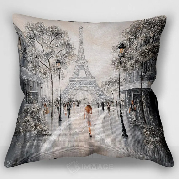 کاور کوسن طرحدار «Flair Of Paris,برج ایفل، رنگوبوی پاریس»، با رنگهای غالب خاکستری و سفید، اثر ایزابیلا کارولِویچ