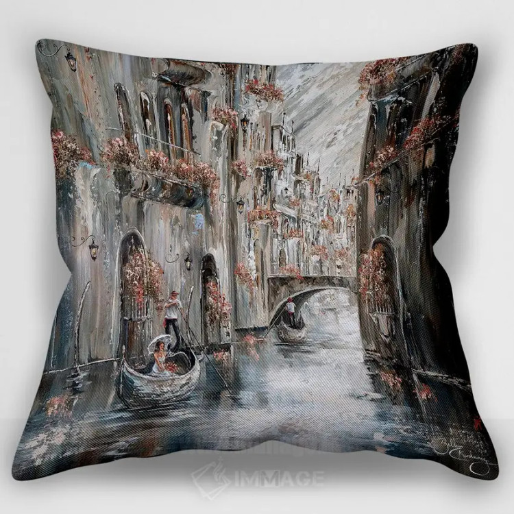 کاور کوسن «Venice Charm,سفر، جذابیت ونیز»، با طرح از طریق آب، با سبک نقاشی روغنی، با رنگهای غالب صورتی و کرم، اثر ایزابیلا کارولِویچ