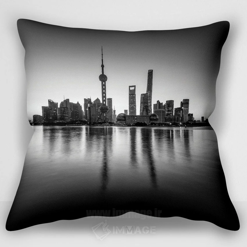 تصویر کاور کوسن «Shanghai, China,خط افق پودونگ به صورت سیاه و سفید، شانگهای، چین»، با سبک عکاسی، اثر یان بکه