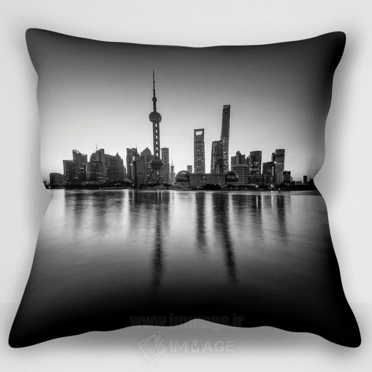 تصویر کاور کوسن «Shanghai, China,خط افق پودونگ به صورت سیاه و سفید، شانگهای، چین»، با سبک عکاسی، اثر یان بکه