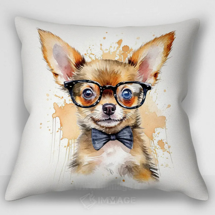 کاور کوسن «چیواوا با عینک و پاپیون»، با سبک آبرنگ، اثر جین ریکس
