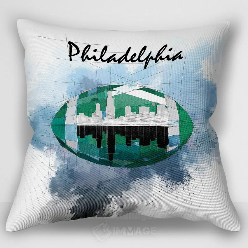 کاور کوسن «افق فیلادلفیا با فوتبال»، با سبک تایپوگرافی، با رنگ‌های غالب سفید و آبی، اثر کاتیا اسکای