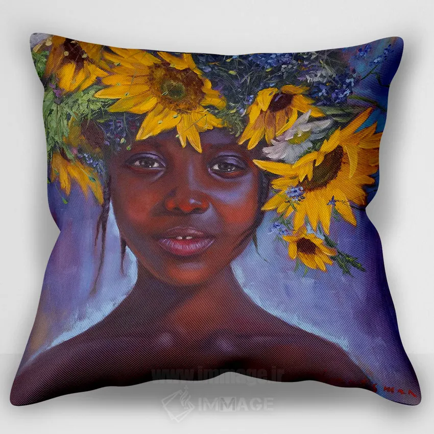 کاور کوسن «دختر آفریقایی-آمریکایی با گل‌های آفتابگردان»، با سبک نقاشی روغنی، با رنگ‌های غالب قرمز و صورتی، اثر جین لانتسمن
