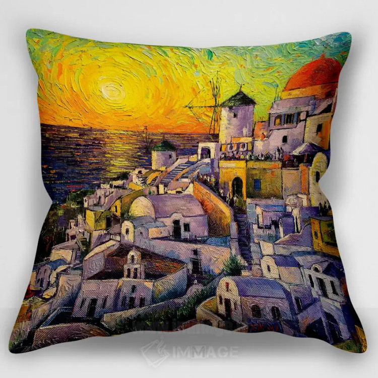 کاور کوسن «غروب در سانتورینی»، با طرح روستاها و شهرهای ساحلی، اثر مونا ادولسکو
